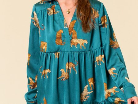 Doe and Rae Animal Printed Satin Tiered Mini Dress Hunter Green Supply