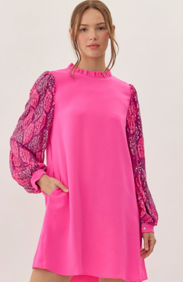 Jodifl Hot Pink Dress With Sequin Sleeves Discount