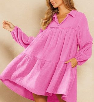 Ces Femme Pink Long Sleeve Collared Baby Doll Tiered Gauze Dress For Discount