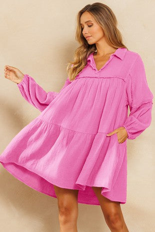 Ces Femme Pink Long Sleeve Collared Baby Doll Tiered Gauze Dress For Discount