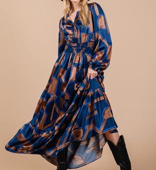 Ces Femme Geometric Print Tiered Maxi Dress Navy Brown Online now