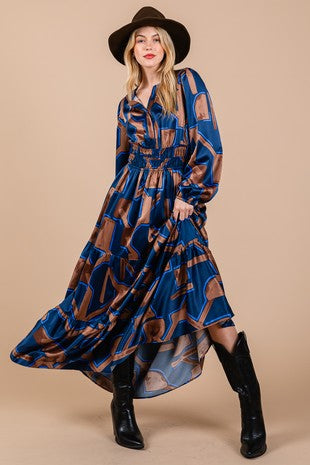 Ces Femme Geometric Print Tiered Maxi Dress Navy Brown Online now