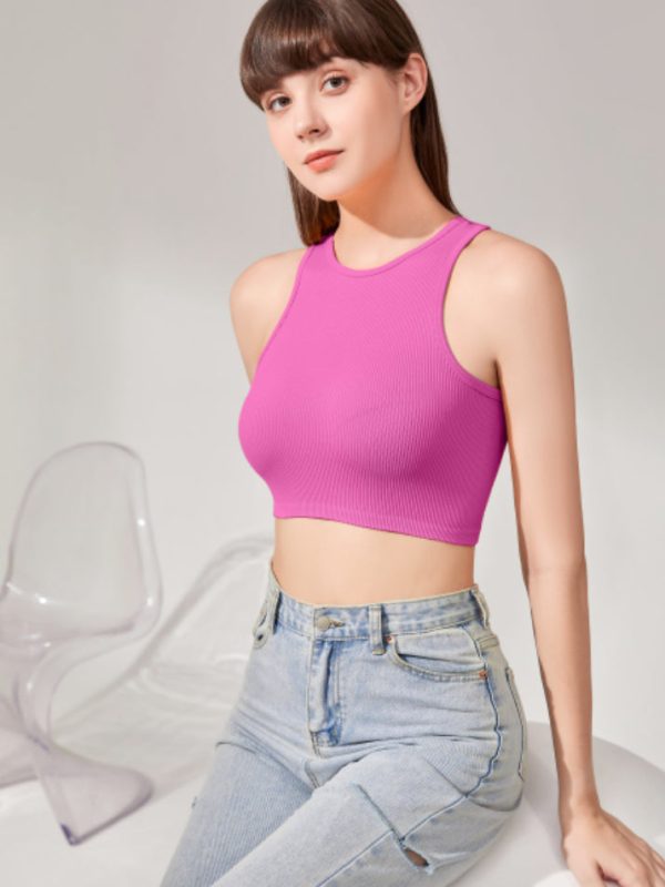 Sport Leopard HIgh Neck Rib Knit Crop Tank Top Pink on Sale