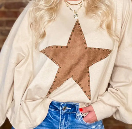 Faire Studded Star Graphic Oversized Top Apricot Online now