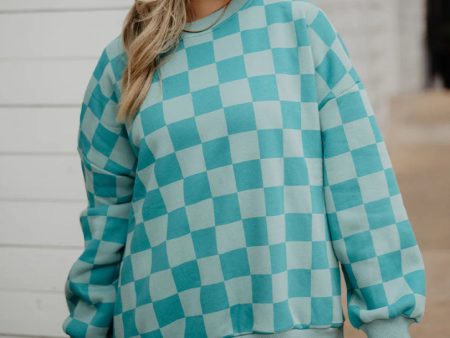 Katydid Teal Checkered Printed All Over Sweatshirt Online Hot Sale