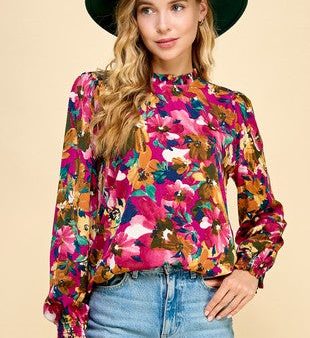 Les Amis Floral Top With Mock Neck And Smocked Sleeves Online Sale