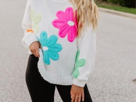 Katydid White Floral Stitched Sweater For Sale